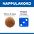Nappulakoko: nappula 17,5 x 7 mm, vertailunoppa 16 mm. Kuvassa nappula ja sininen noppa vierekkäin koon havainnollistamiseksi.
