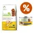 Natural Trainer Small & Toy/Adult con pollo fresco e riso, confezione da 7 kg e lattina. Testo visibile: senza coloranti, conservanti, zuccheri aggiunti. Simbolo percentuale arancione.