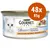 Purina Gourmet Diamant Mini Fillet Pieces with natural turkey, 48x85g can. Image of a white cat and turkey fillets.