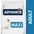 Упаковка с надписями: ADVANCE, affinity, MAXI, ADULT. Изображение светлой собаки на передней части упаковки.