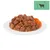 Close-up of meat pieces in sauce with carrot slices on a white plate. Green symbol with silhouette of a sheep at the top right.