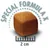 Ruskea ruokapala, jossa teksti 'Special Formula X' ja koko 2 cm.