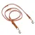 Brown leather dog lead with gold-coloured metal snap hooks and adjustable rings.