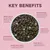 Key benefits shown: dental health, immune defence, joint support, skin and coat, urinary tract health, heart health. Each benefit is described with supporting ingredients or effects.