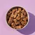 Bowl filled with brown, cube-shaped pet food pieces shown from above on a purple background.