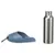 Stainless steel bottle with Trixie logo and blue drinking bowl with carabiner, both shown side by side.