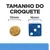 Tamanho do croquete: comparação visual entre um croquete de 10 mm e um dado azul de 16 mm. Texto visível: 'TAMANHO DO CROQUETE', '10 mm', '16 mm'.