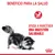 Beneficio para la salud. Ayuda a mantener una digestión saludable. Imagen de un gato y símbolo rojo con estómago. Texto en español visible en la imagen.