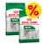 Royal Canin Mini Adult -koiranruokapakkaukset, etualalla keltainen alennusmerkki (%) pakkauksen päällä. Pakkauksessa teksti: MINI ALL SMALL DOGS UP TO 10KG, Adult.