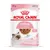 ROYAL CANIN KITTEN op til 12 måneder, 85 g. Chunks in gravy. In gravy en sauce en salsa. No preservatives. Billede af killing og foderstykker i sovs på emballagen.