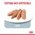 Paté en porciones sobre plato blanco, texto visible: 'TEXTURA MUY APETECIBLE' y 'PATÉ', logotipo de Royal Canin en la esquina inferior derecha.