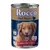Rocco Real Hearts tinned dog food, 400g. Visible text: Rind, Beef, Bœuf. Packaging shows icons for extra large pieces, fresh ingredients, and 100% meat content.