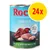 Rocco Junior 400 g purkki, näkyvissä teksti: Poultry with venison & rice, supports healthy growth, 24x. Kuvassa lihaa ja riisiä. Pakkaus sininen.