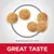 Кръгли гранули, приблизителен размер 10×10 мм. Текст: GREAT TASTE.