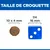 Comparaison de taille : croquette 10 x 4 mm à côté d’un dé bleu 16 mm. Texte visible : TAILLE DE CROQUETTE, 10 x 4 mm, Dé 16 mm.