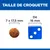 Comparaison de taille : croquette 7 x 17,5 mm à côté d’un dé bleu 16 mm. Texte visible : TAILLE DE CROQUETTE, 7 x 17,5 mm, Dé 16 mm.
