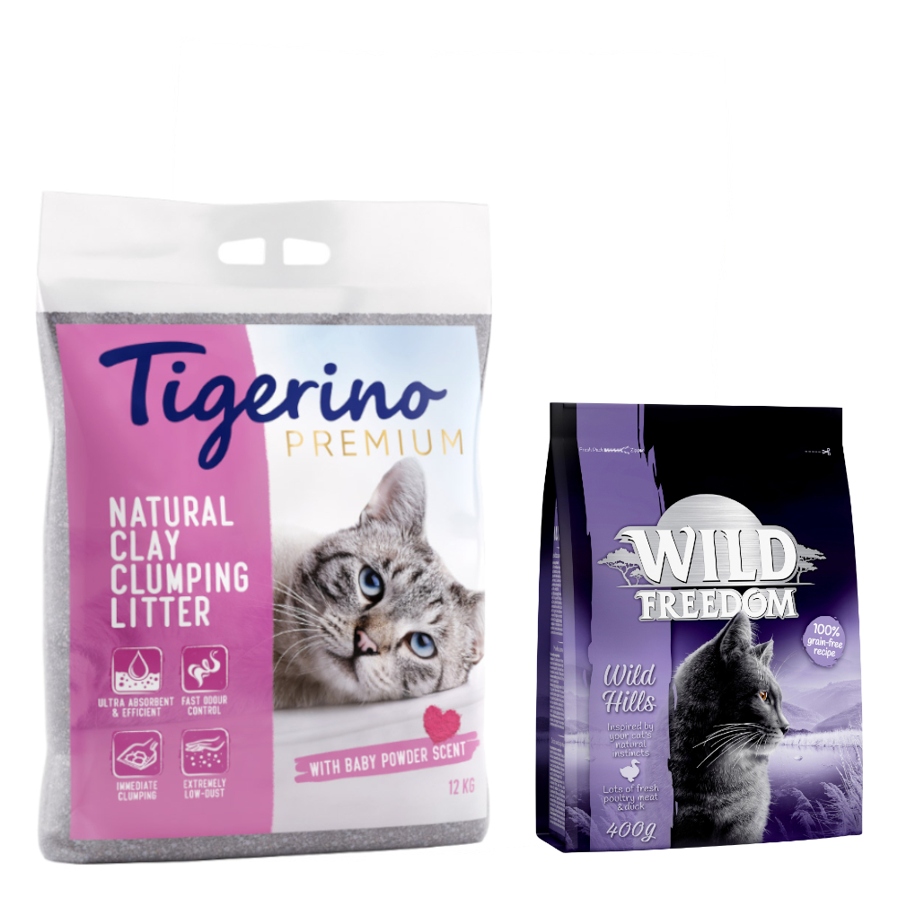 Lot 2x12kg litière Tigerino Canada talc + 400g Wild Hills croquettes Wild Freedom Lot 2x12kg litière Tigerino Canada talc + 400g Wild Hills croquettes Wild Freedom