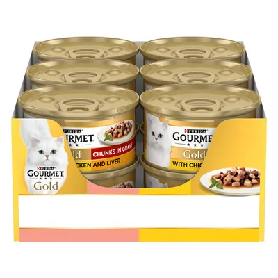 Six-pack of Gourmet Gold tinned food, visible flavours include chunks in gravy chicken and liver, and with chicken. Packaging shows images of food pieces on a plate.