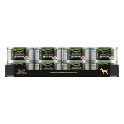 Tray of Purina Pro Plan Veterinary Diets HA Hypoallergenic cans, showing multiple tins with product labels visible.