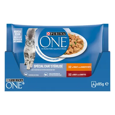 Purina ONE Spécial Chat Stérilisé, 4 x 85 g. Zestawy: 2 x au poulet et aux haricots verts, 2 x au bœuf et aux carottes. Tekst w języku francuskim.