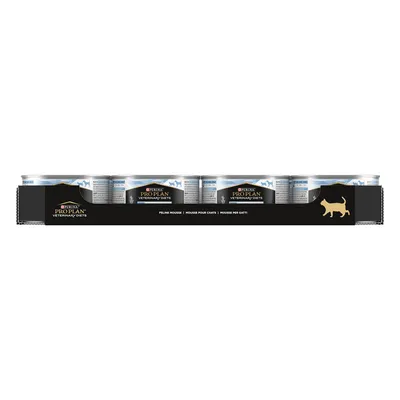Tray containing multiple cans labelled Pro Plan Veterinary Diets, with text indicating feline mousse in several languages and a gold cat silhouette on the packaging.