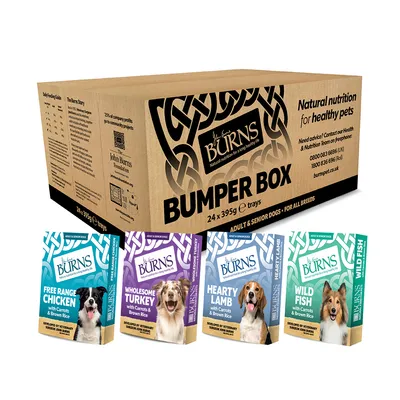 Burns Bumper Box containing 24 trays of adult and senior dog food in four flavours: free range chicken, wholesome turkey, hearty lamb, and wild fish, each with carrots and brown rice.