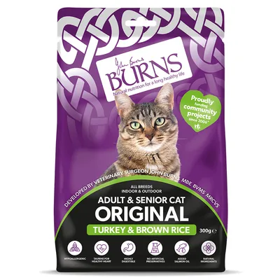 Burns Adult & Senior Cat Original Turkey & Brown Rice, 300g. Hypoallergenic, taurine for healthy heart, highly digestible, no artificial preservatives, added salmon oil, natural ingredients.