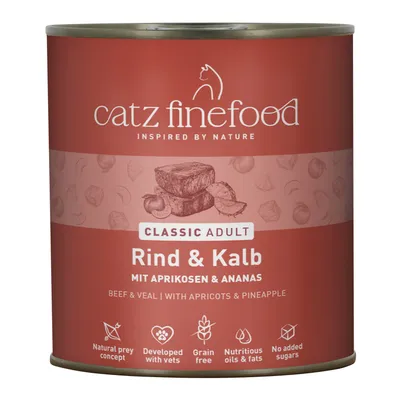 catz finefood Classic Adult Beef & Veal with Apricots & Pineapple. Natural prey concept, developed with veterinarians, grain-free, nutrient-rich oils & fats, no added sugar. catz finefood Classic Adult Beef & Veal with Apricots & Pineapple. Natural prey concept, developed with veterinarians, grain-free, nutrient-rich oils & fats, no added sugar.