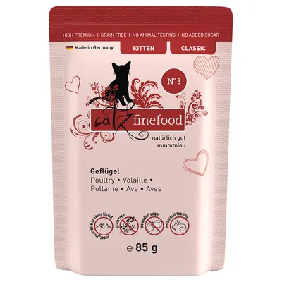 Catz Finefood No. 3, drůbeží, 85g, vyrobeno v Německu, high premium, bez obilovin, bez přidaného cukru, bez testování na zvířatech, 95 % masa a vývaru.