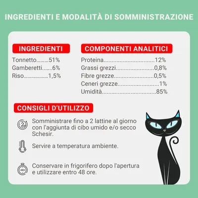 Ingredienti: tonnetto 51 %, gamberetti 6 %, riso 1,5 %. Proteina 12 %, grassi grezzi 0,8 %, fibre grezze 0,5 %, ceneri grezze 1 %, umidità 85 %. Consigli: max 2 lattine/giorno, servire a temperatura ambiente, conservare in frigo e usare entro 48 ore.
