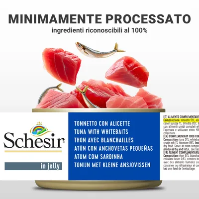Schesir in jelly, tonnetto con alicette. Testo: minimamente processato, ingredienti riconoscibili al 100%. Etichetta mostra composizione: tonnetto 51%, alicette, ceneri grezze 1%, umidità 85%.