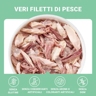 Veri filetti di pesce. Senza glutine, senza conservanti artificiali, senza aromi o coloranti artificiali, senza OGM.