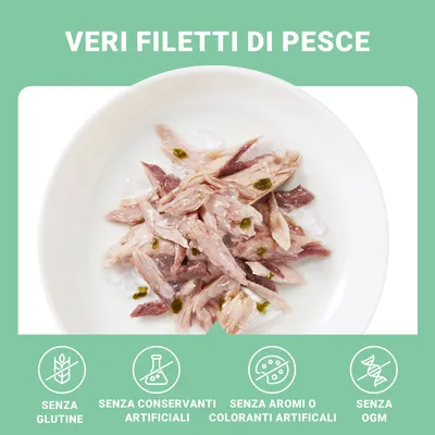 Veri filetti di pesce. Senza glutine, senza conservanti artificiali, senza aromi o coloranti artificiali, senza OGM.