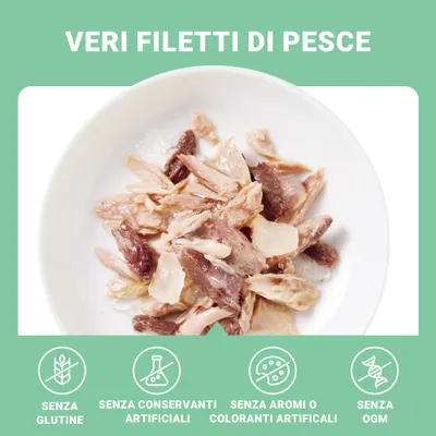 Veri filetti di pesce. Senza glutine, senza conservanti artificiali, senza aromi o coloranti artificiali, senza OGM.