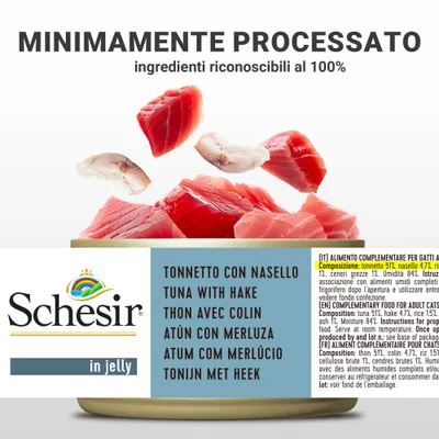 Schesir in jelly, tonnetto con nasello. Testo visibile: minimamente processato, ingredienti riconoscibili al 100%. Etichetta multilingue e lista ingredienti: tonnetto 51%, nasello 47%.