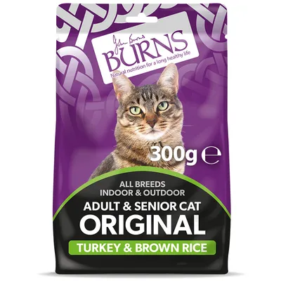 300g pack labelled for all breeds, indoor and outdoor, adult and senior cat, original turkey and brown rice.