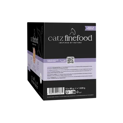 catz finefood inspired by nature, Made in Germany sinds 2010, Voedingsadvies: 2,7-5% van het lichaamsgewicht van de kat per dag, 12 x 85g = 1,020g. catz finefood inspired by nature, Made in Germany sinds 2010, Voedingsadvies: 2,7-5% van het lichaamsgewicht van de kat per dag, 12 x 85g = 1,020g.