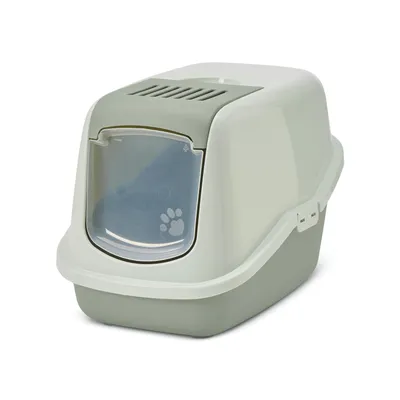 Kattlåda med huv, transparent svängdörr och tassavtryck, ovandel med ventilationsspringor, synliga sidolås. Kattlåda med huv, transparent svängdörr och tassavtryck, ovandel med ventilationsspringor, synliga sidolås.