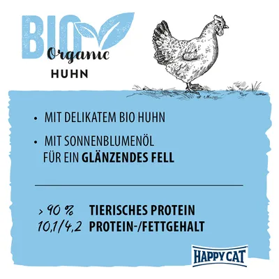 Texte en allemand : Bio Organic Huhn, mit delikatem Bio Huhn, mit Sonnenblumenöl für ein glänzendes Fell, >90 % tierisches Protein, 10,1/4,2 Protein-/Fettgehalt, Happy Cat.
