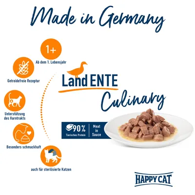 Made in Germany, LandENTE Culinary, 90 % tierisches Protein Meat in Sauce, Happy Cat. Texte en allemand : dès 1 an, recette sans céréales, soutien urinaire, savoureux, aussi pour chats stérilisés.