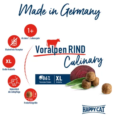 Voralpen RIND Culinary, Happy Cat. Made in Germany. 86 % protéines animales, croquette XL 9 mm, recette sans gluten, dès 1 an, soutient l’hygiène dentaire. Texte en allemand.