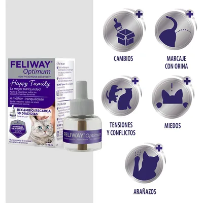 Recambio Feliway Optimum 48 ml para difusor, caja y frasco visibles. Texto: Happy Family, recarga 30 días/días. Iconos: cambios, marcaje con orina, tensiones y conflictos, miedos, arañazos.