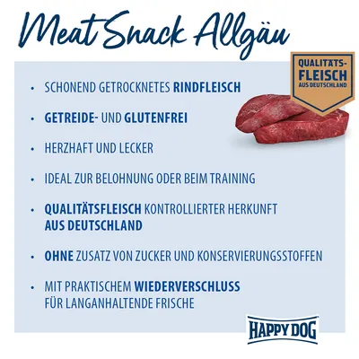Meat Snack Allgäu von Happy Dog: Schonend getrocknetes Rindfleisch, getreide- und glutenfrei, ohne Zucker und Konservierungsstoffe, Qualitätsfleisch aus Deutschland, mit praktischem Wiederverschluss.