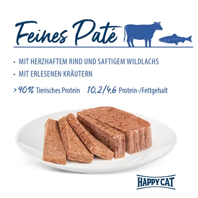 Feines Paté mit herzhaftem Rind, saftigem Wildlachs und erlesenen Kräutern. 90% tierisches Protein, 10,2/4,6 Protein-/Fettgehalt. Marke: Happy Cat.