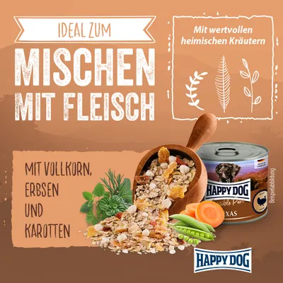 Happy Dog Futter, ideal zum Mischen mit Fleisch. Mit Vollkorn, Erbsen, Karotten und wertvollen heimischen Kräutern. Beispielabbildung.