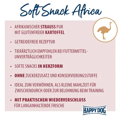 Texte en allemand : Soft Snack Africa, Happy Dog. Points clés : autruche africaine, pomme de terre sans gluten, recette sans céréales, forme cœur, sans sucre ajouté ni conservateurs.