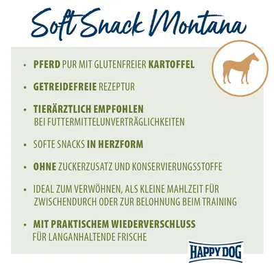 Soft Snack Montana, Happy Dog. PFERD pur mit glutenfreier KARTOFFEL, GETREIDEFREIE REZEPTUR, TIERÄRZTLICH EMPFOHLEN, softe Snacks IN HERZFORM, OHNE ZUCKERZUSATZ, MIT PRAKTISCHEM WIEDERVERSCHLUSS.