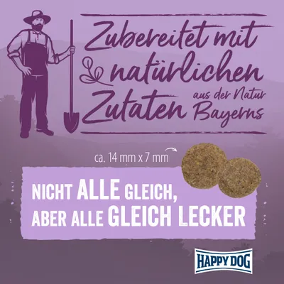 Zubereitet mit natürlichen Zutaten aus der Natur Bayerns. ca. 14 mm x 7 mm. Nicht alle gleich, aber alle gleich lecker. Happy Dog.