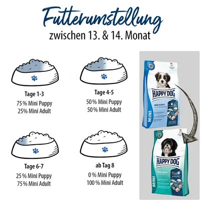 Tableau de transition alimentaire entre 13e et 14e mois : jours 1–3, 75 % Mini Puppy/25 % Mini Adult ; jours 4–5, 50 %/50 % ; jours 6–7, 25 %/75 % ; dès le 8e jour, 100 % Mini Adult. Sacs Happy Dog visibles.