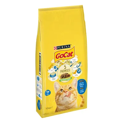 GoCat 10kg bag with 5 Promises: quality, expertise, traceability, no artificial colours, and commitment to sustainability. For 1+ years, with chicken, tuna, vegetables.